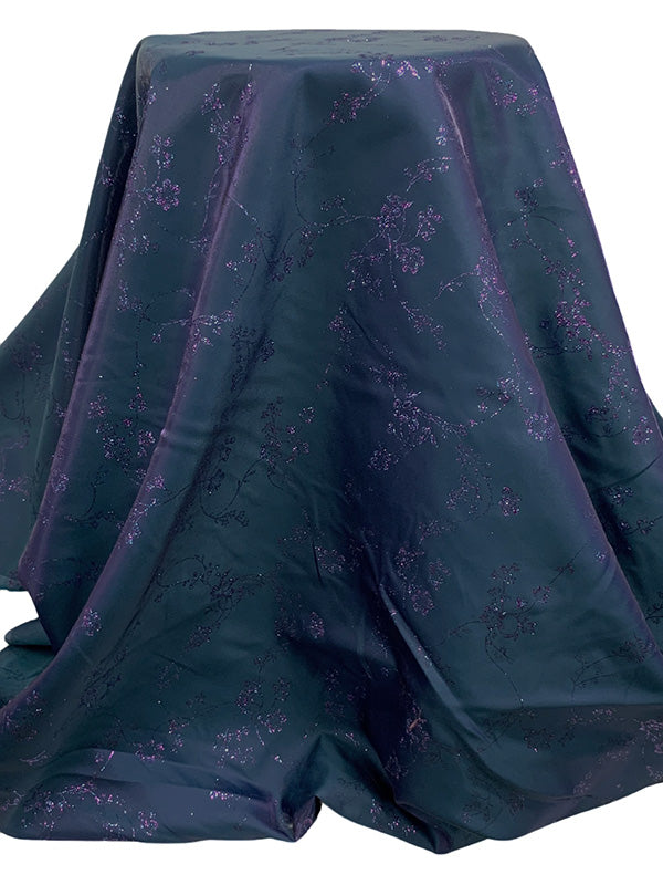 Dark Imperial Blue/Vibrant Grape 100% Polyester Glitter Floral Vines Iridescent Shimmer Satin 56W