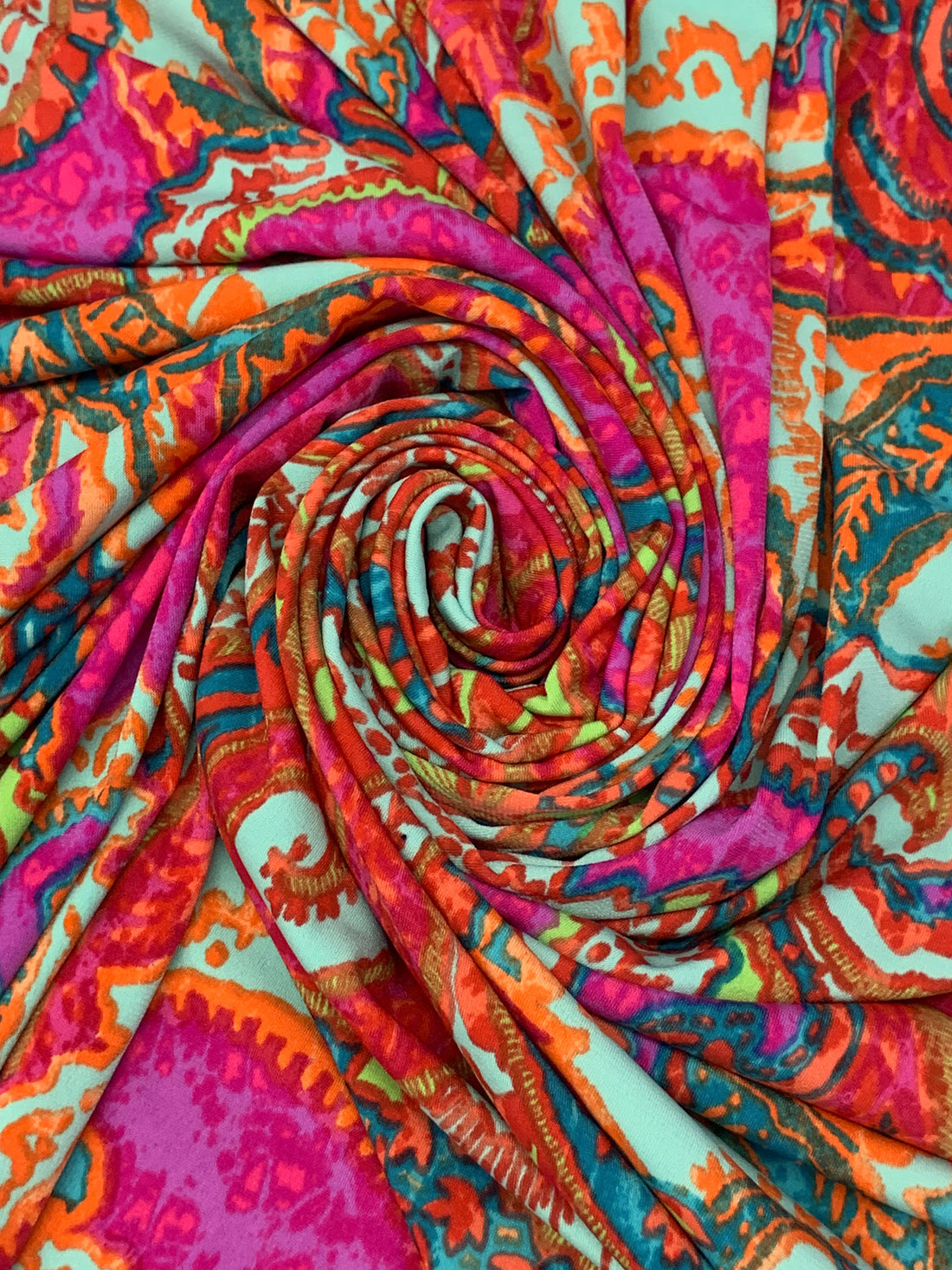 Mandarin/Deep Fuchsia/Mint/Multi Polyester/Lycra Stylized Scrolls Print ITY Knit 56W