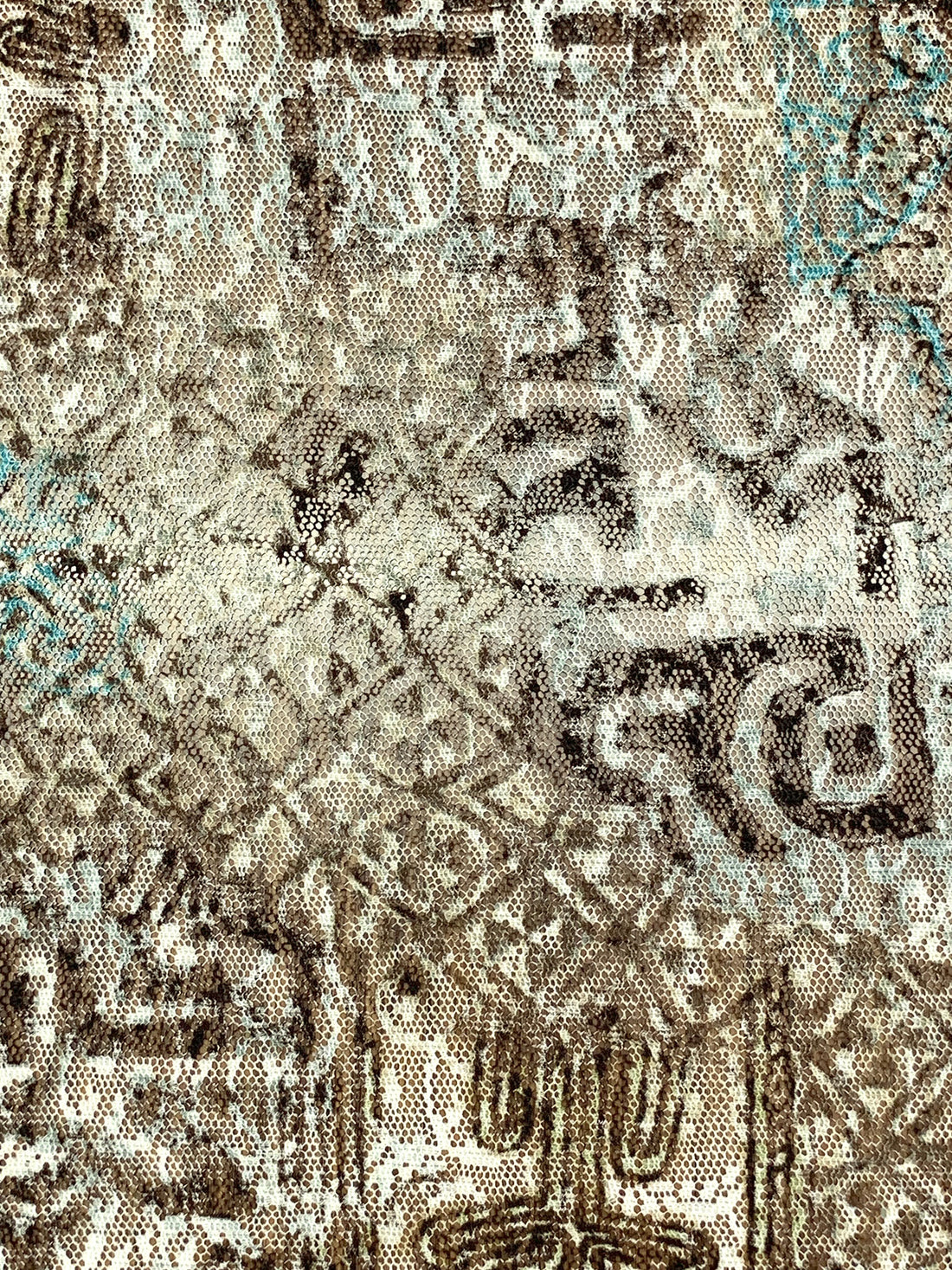 Terra Brown/Steel Blue/Off-White/Multi 100% Polyester Abstract Print Lace Netting 55W