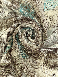 Terra Brown/Steel Blue/Off-White/Multi 100% Polyester Abstract Print Lace Netting 55W