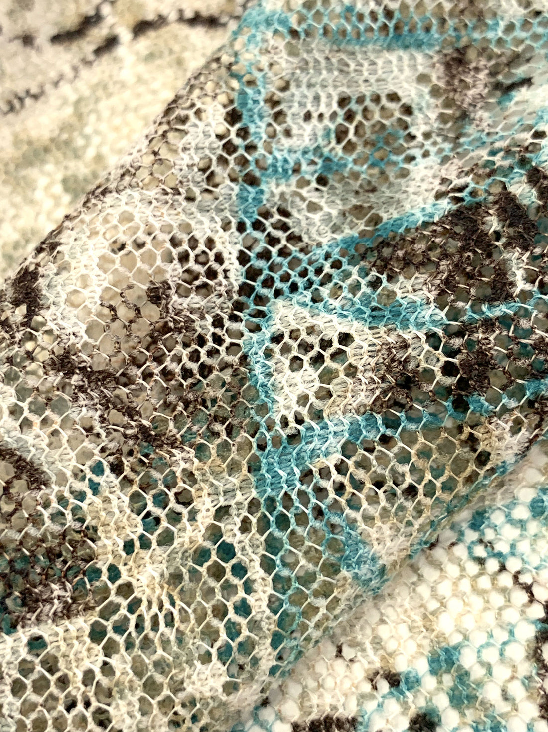 Terra Brown/Steel Blue/Off-White/Multi 100% Polyester Abstract Print Lace Netting 55W