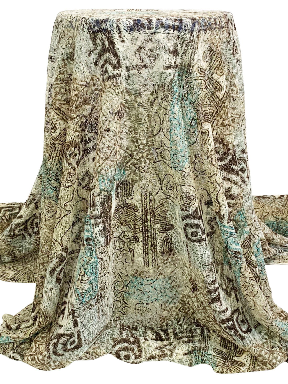 Terra Brown/Steel Blue/Off-White/Multi 100% Polyester Abstract Print Lace Netting 55W