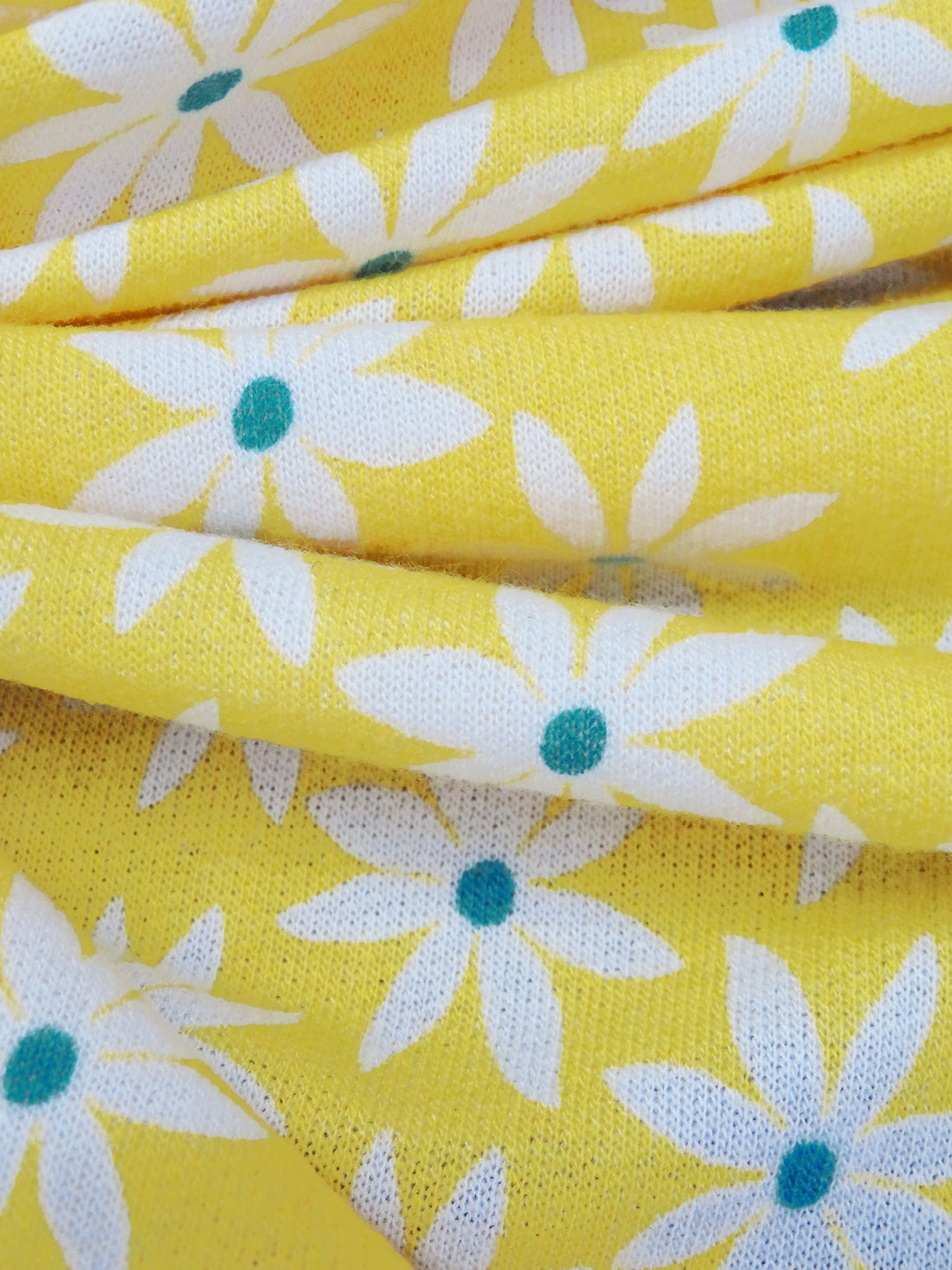 Lemon Yellow/Teal/White Polyester/Rayon/Lycra Daisy Print French Terry Knit - 59W