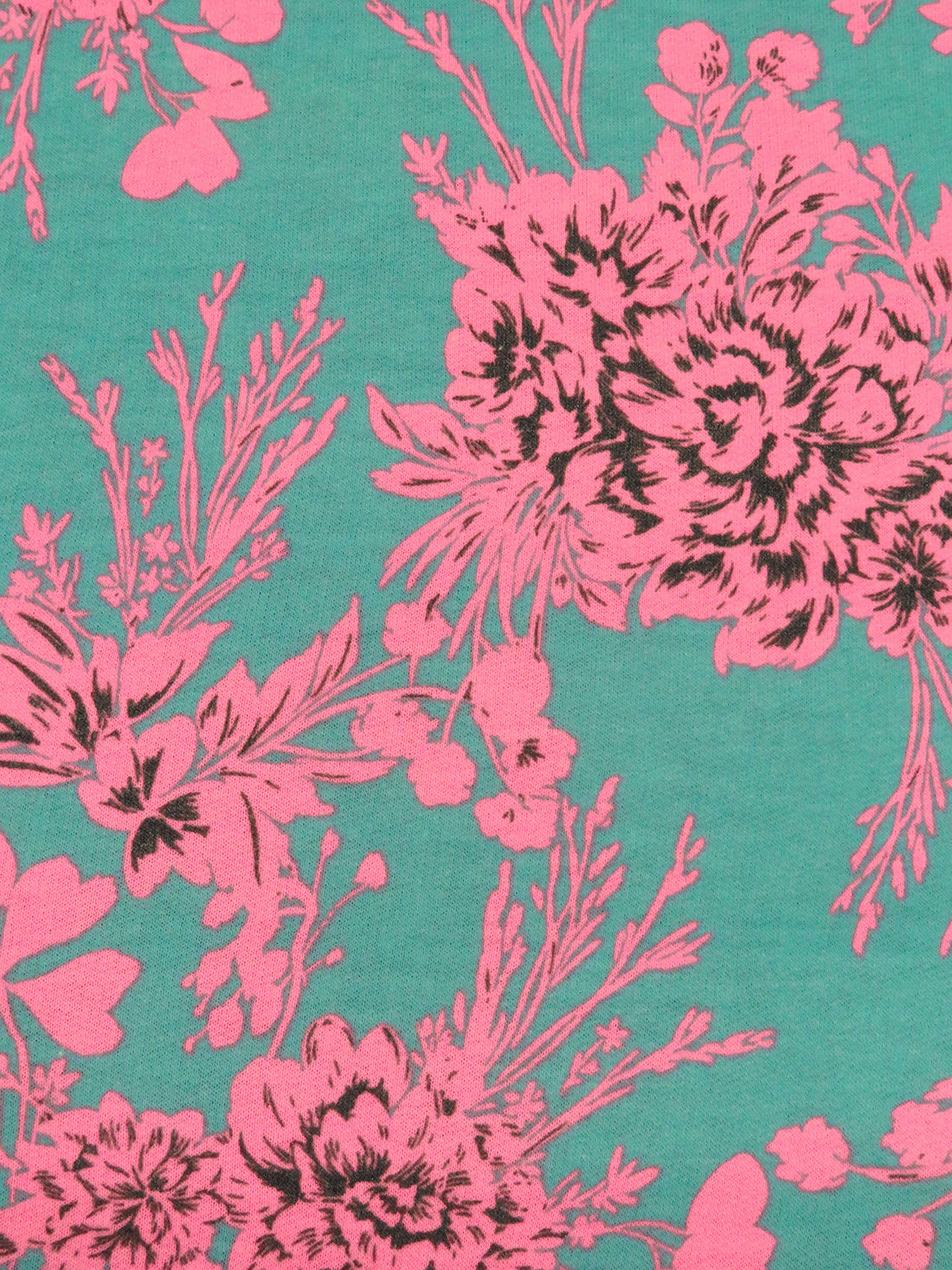 Light Sea Green/Highlighter Pink/Charcoal Gray Polyester/Rayon/Lycra Floral Cluster Print French Terry Knit - 58W
