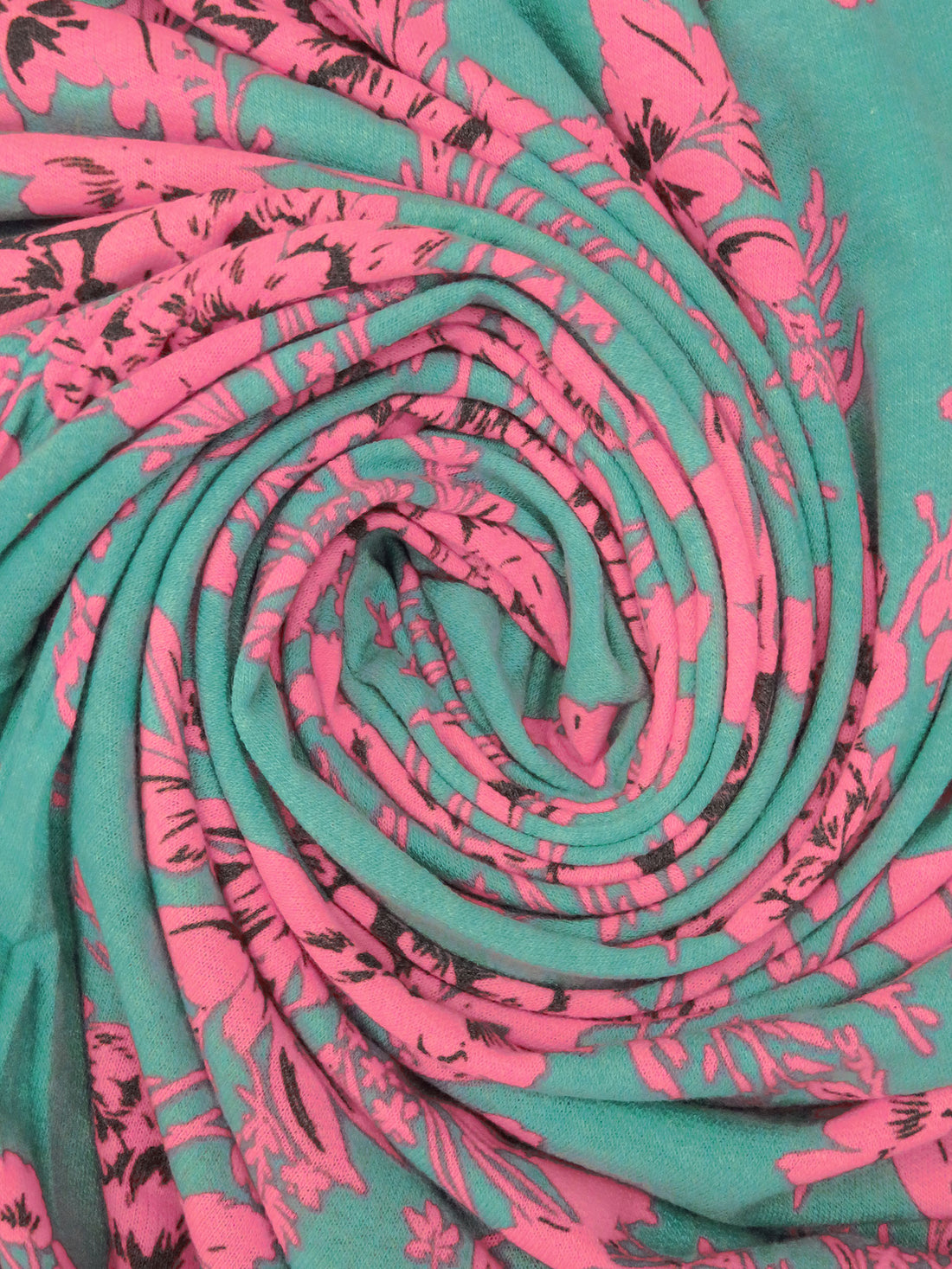 Light Sea Green/Highlighter Pink/Charcoal Gray Polyester/Rayon/Lycra Floral Cluster Print French Terry Knit - 58W