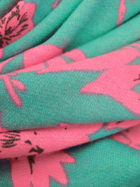 Light Sea Green/Highlighter Pink/Charcoal Gray Polyester/Rayon/Lycra Floral Cluster Print French Terry Knit - 58W