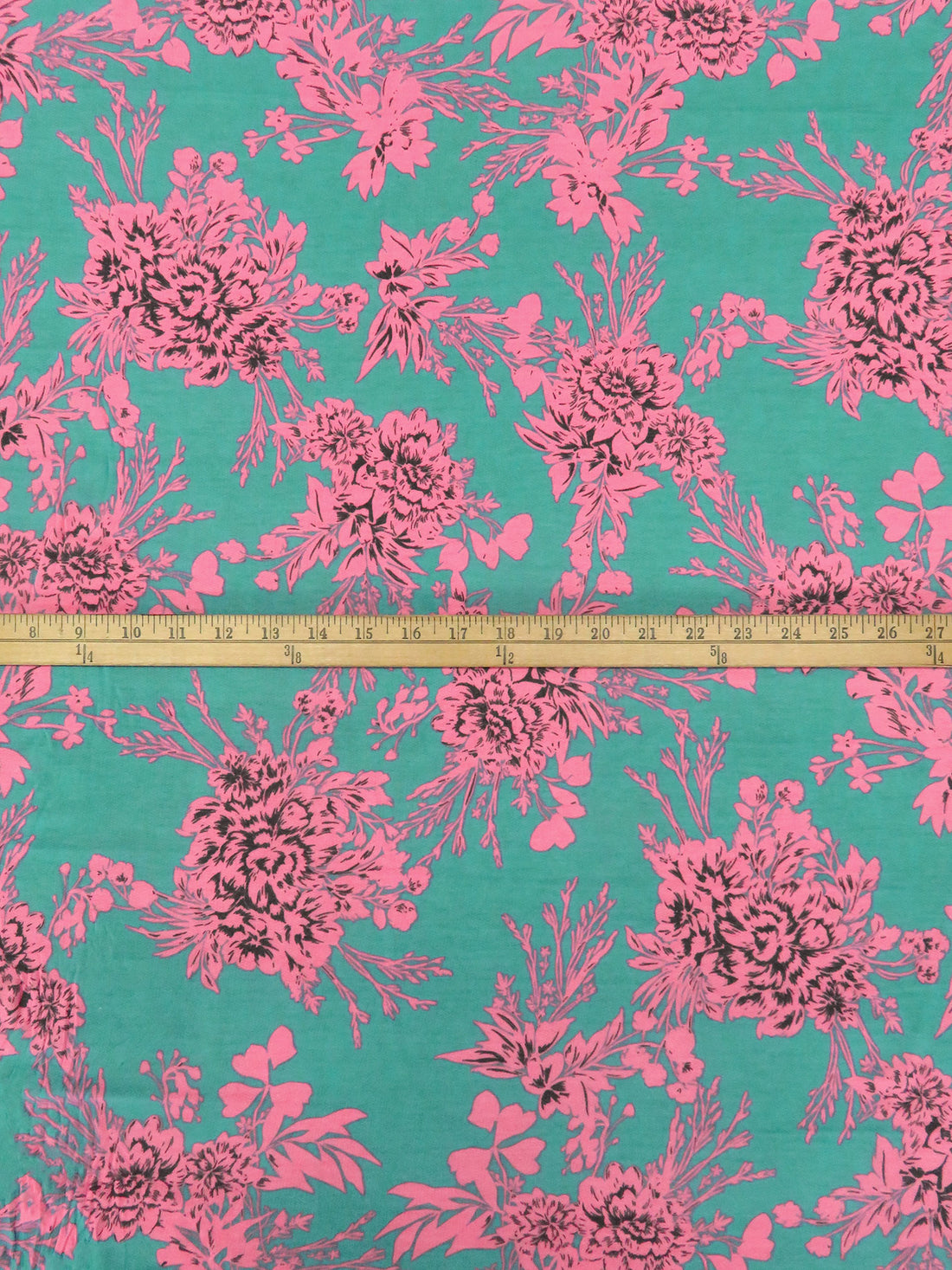 Light Sea Green/Highlighter Pink/Charcoal Gray Polyester/Rayon/Lycra Floral Cluster Print French Terry Knit - 58W