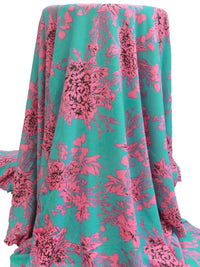 Light Sea Green/Highlighter Pink/Charcoal Gray Polyester/Rayon/Lycra Floral Cluster Print French Terry Knit - 58W