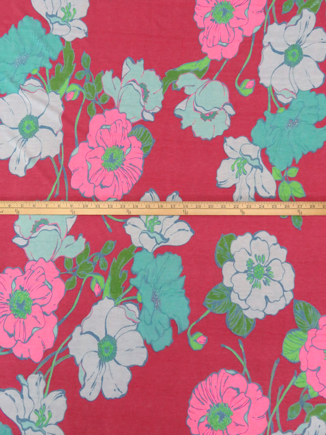 French Raspberry/Aqua Green/Pale Blue/Multi Polyester/Rayon/Lycra Large Floral Print French Terry Knit - 59W