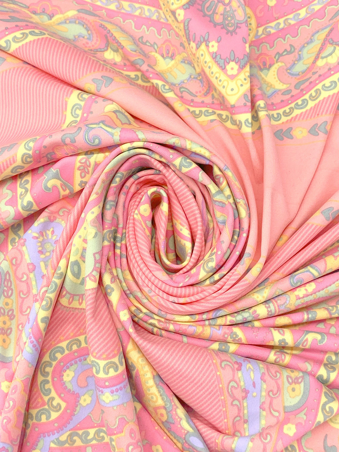 SOLD BY THE PANEL ONLY - Melon/Light Lavender/Lemon/Multi Polyester/Lycra Ornate Royal Paisley Frame Print Smooth Jersey Knit - NY Designer - 40W