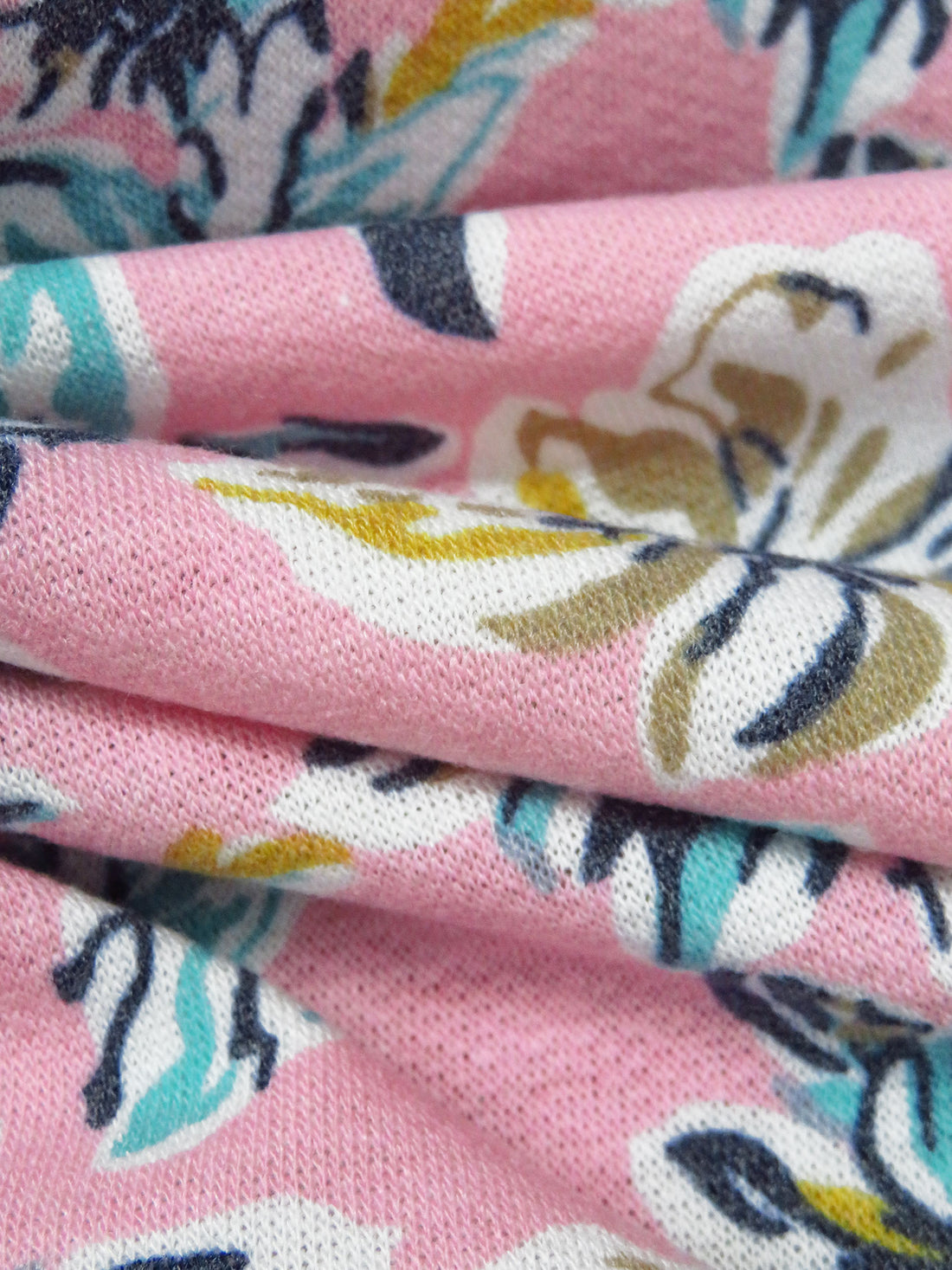 Flamingo Pink/Muted Midnight Navy/Light Sea Green/Multi Polyester/Rayon/Lycra Artistic Floral Print French Terry Knit 60W