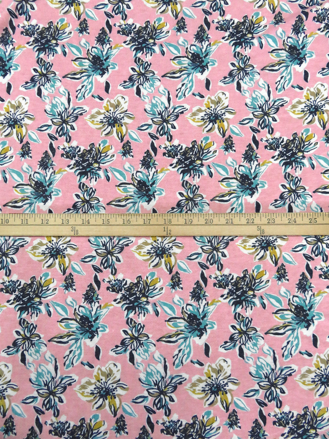 Flamingo Pink/Muted Midnight Navy/Light Sea Green/Multi Polyester/Rayon/Lycra Artistic Floral Print French Terry Knit 60W