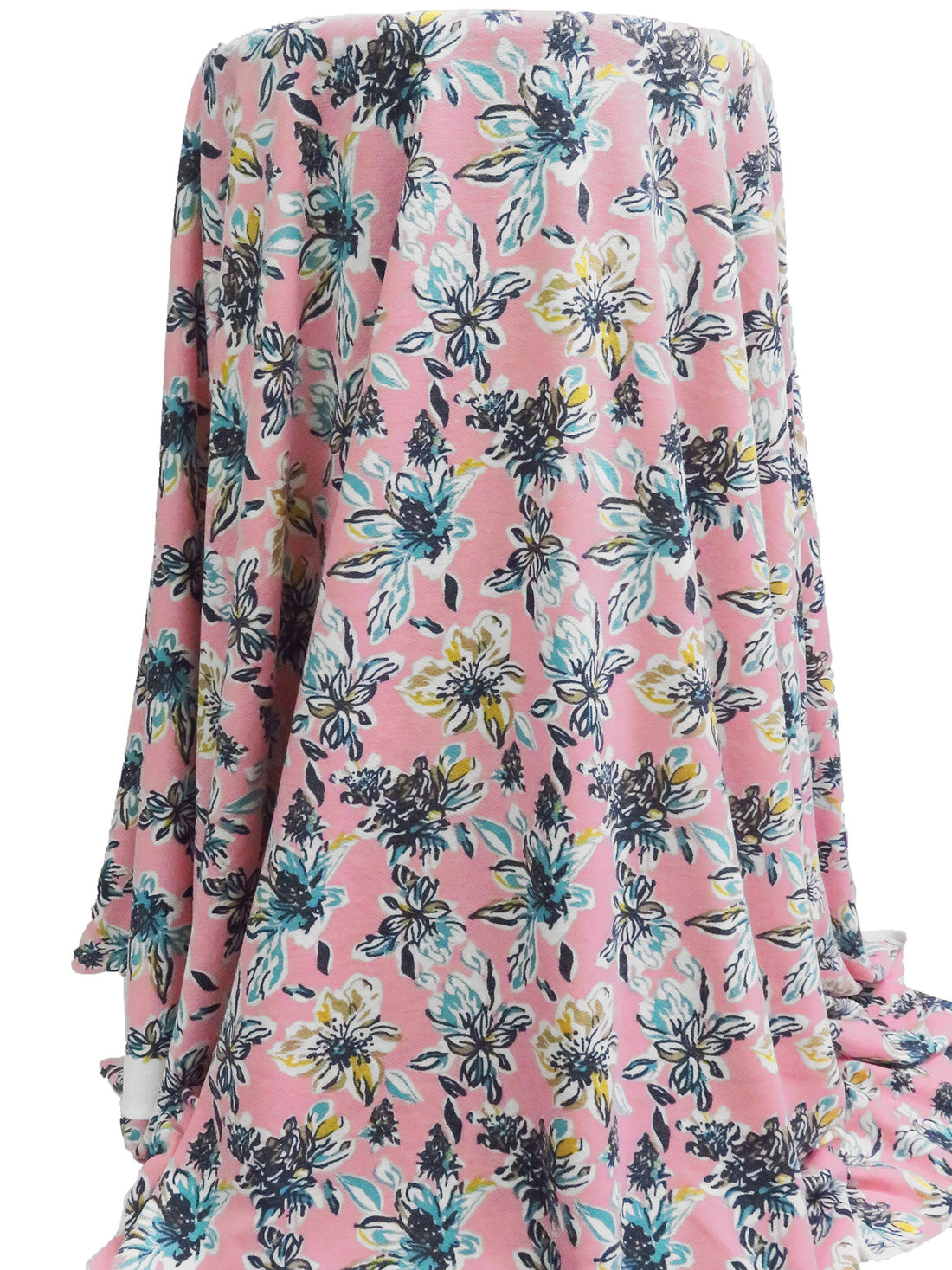 Flamingo Pink/Muted Midnight Navy/Light Sea Green/Multi Polyester/Rayon/Lycra Artistic Floral Print French Terry Knit 60W