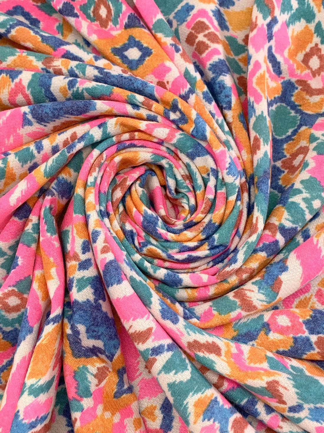 French Pink/True Blue/Turmeric/Multi Polyester/Rayon/Lycra Southwest-Look Print French Terry Knit - 60W