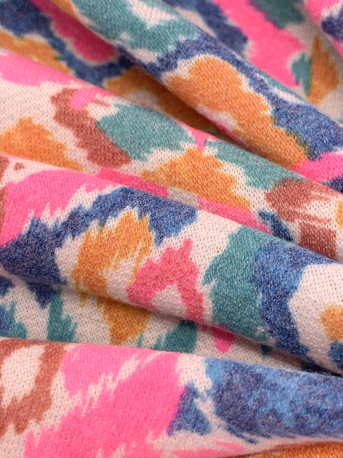 French Pink/True Blue/Turmeric/Multi Polyester/Rayon/Lycra Southwest-Look Print French Terry Knit - 60W