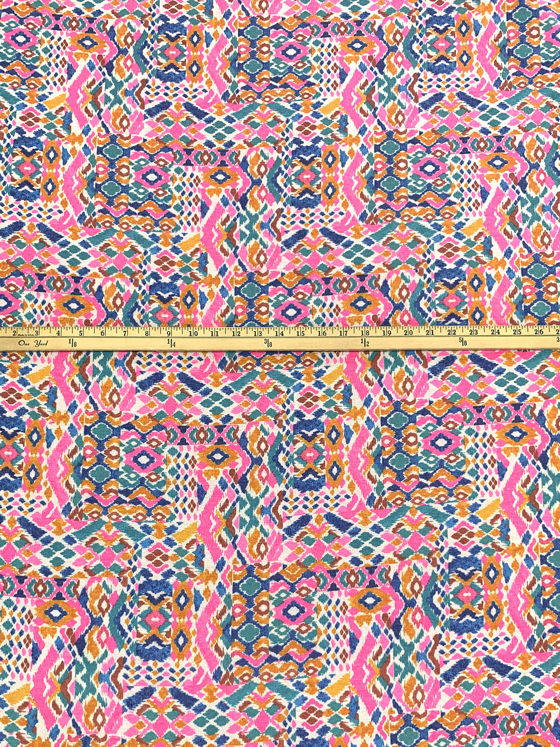 French Pink/True Blue/Turmeric/Multi Polyester/Rayon/Lycra Southwest-Look Print French Terry Knit - 60W