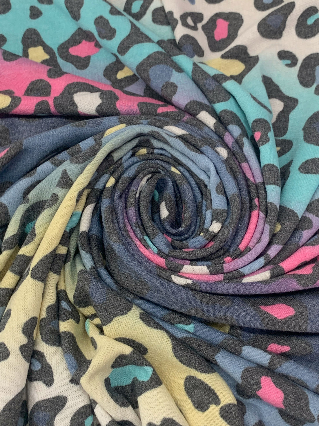 Charm Pink/Pewter Blue/Dark Gray/Multi Polyester/Rayon/Lycra Animal Print French Terry Knit - 60W