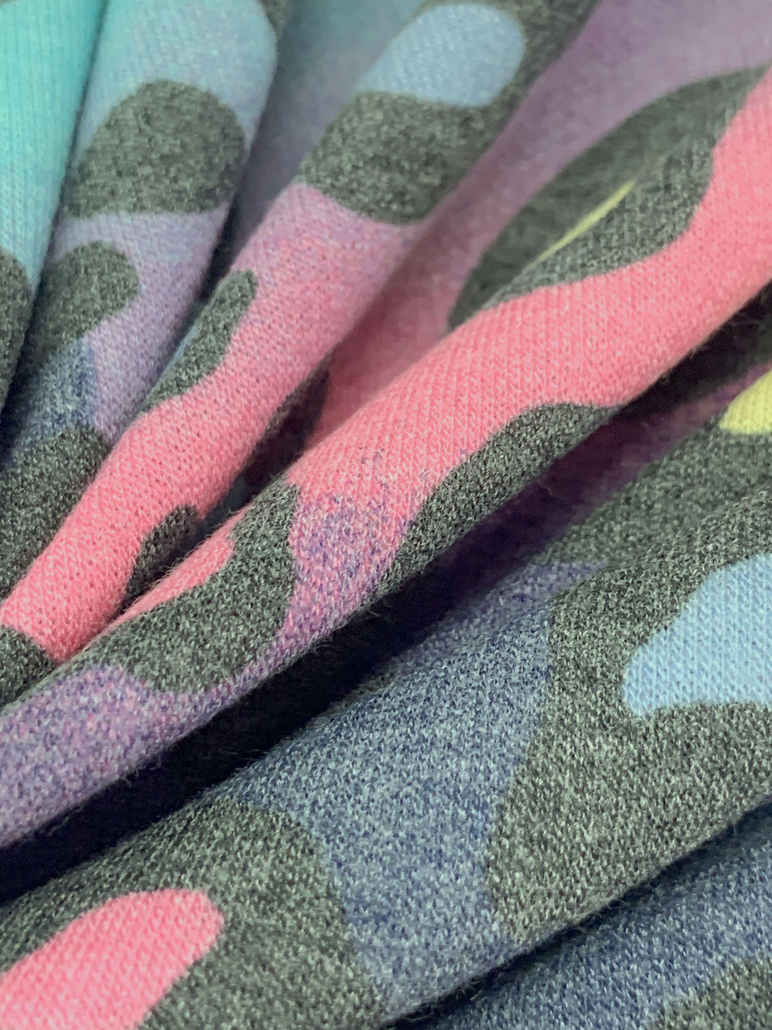 Charm Pink/Pewter Blue/Dark Gray/Multi Polyester/Rayon/Lycra Animal Print French Terry Knit - 60W