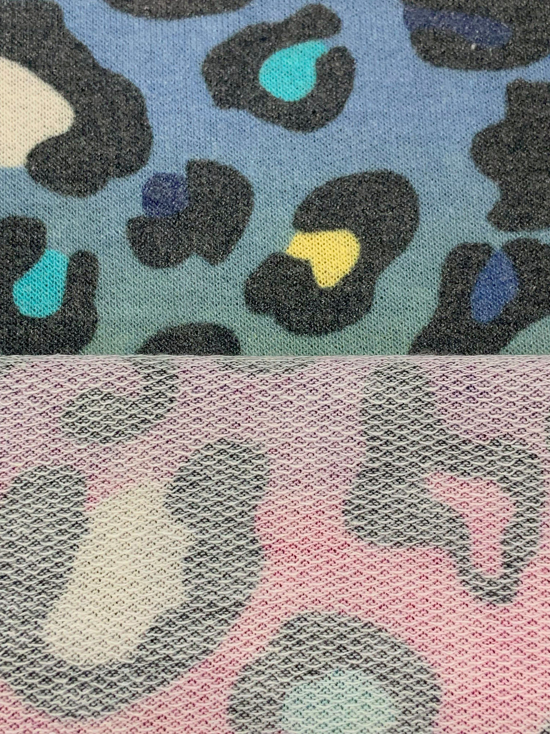 Charm Pink/Pewter Blue/Dark Gray/Multi Polyester/Rayon/Lycra Animal Print French Terry Knit - 60W