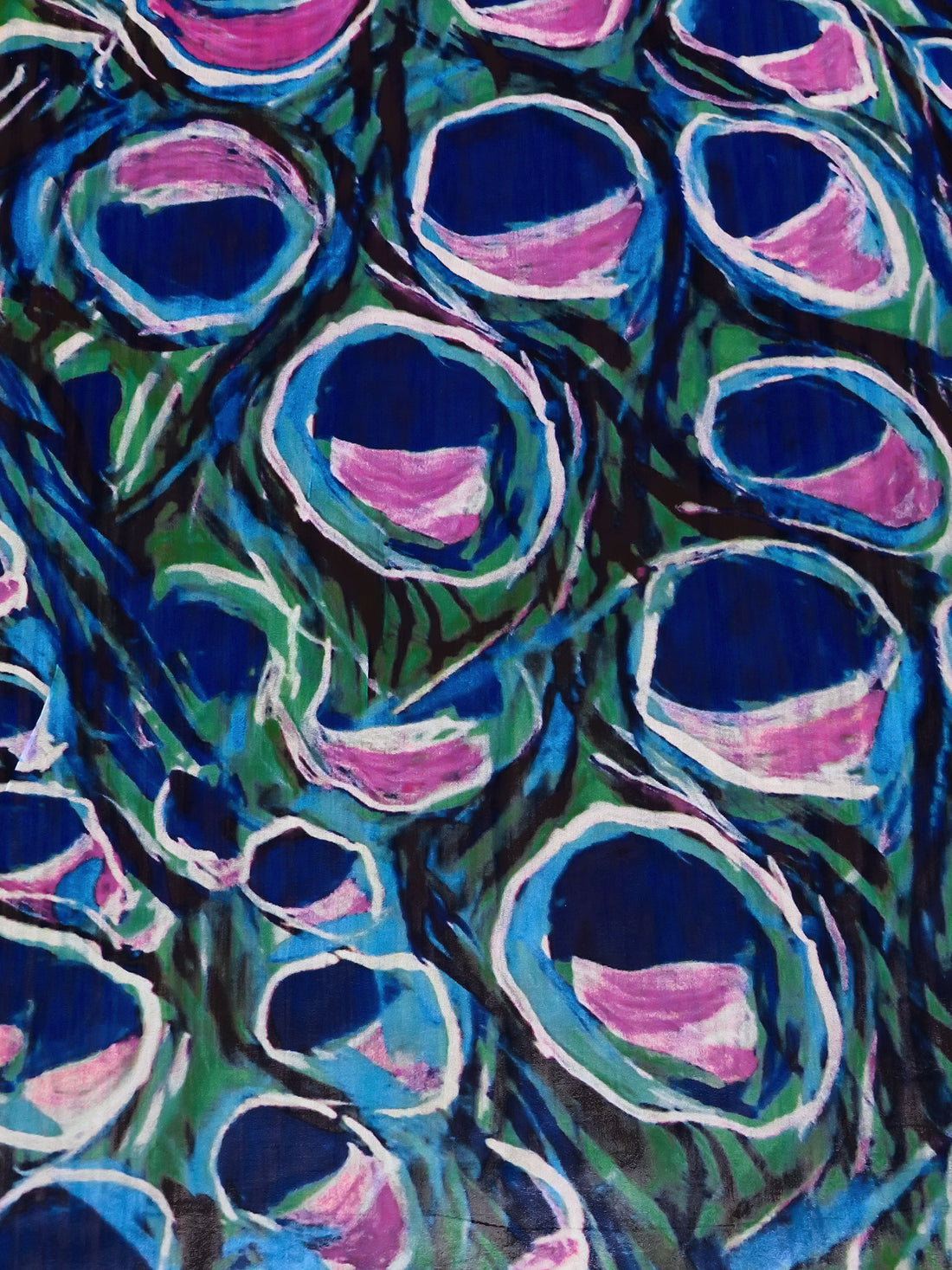 Dark Blue/Spanish Green/Boysenberry/Multi 100% Silk Abstract Peacock Feather Print Double Georgette - NY Designer - 54W