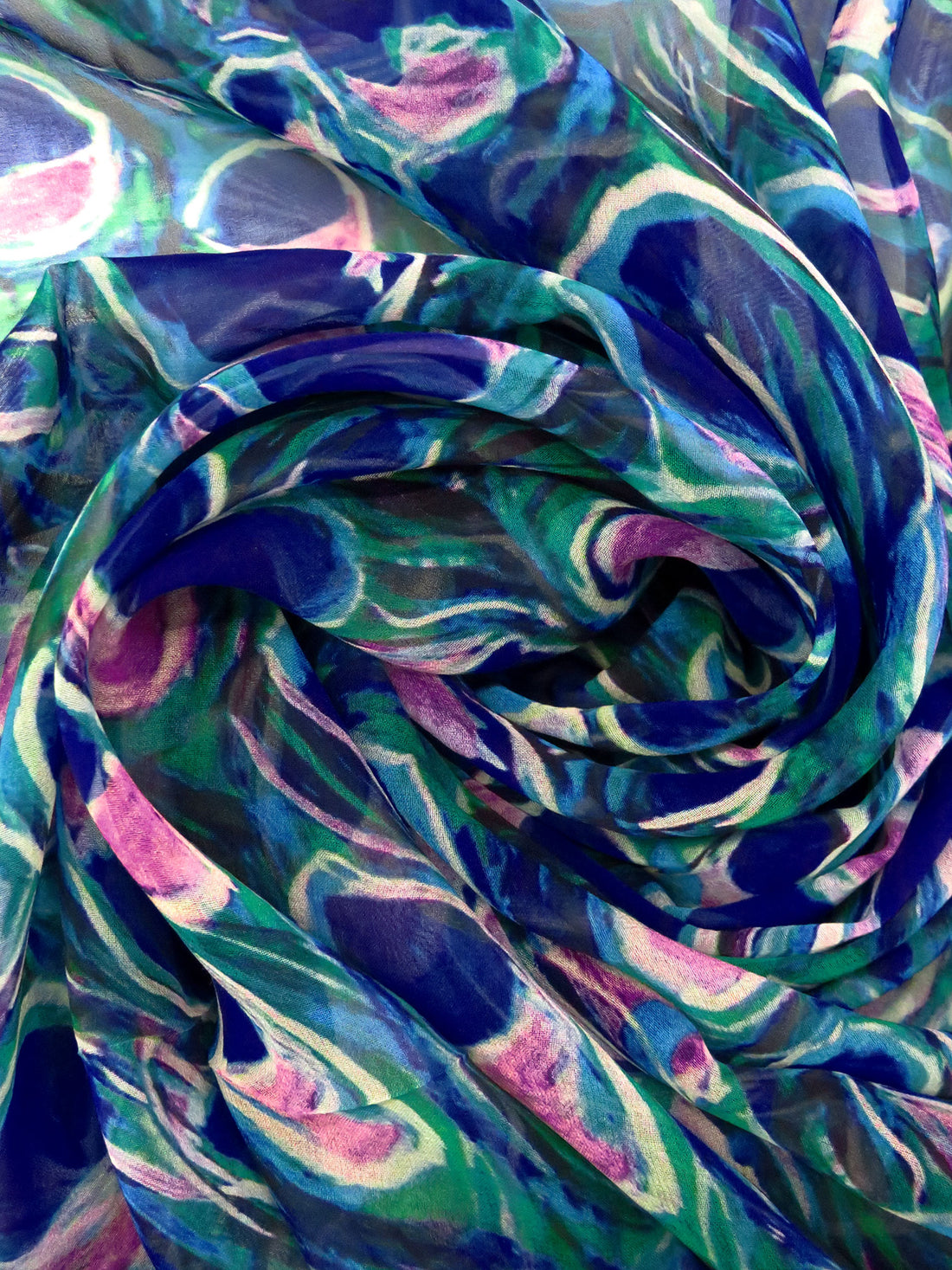 Dark Blue/Spanish Green/Boysenberry/Multi 100% Silk Abstract Peacock Feather Print Double Georgette - NY Designer - 54W