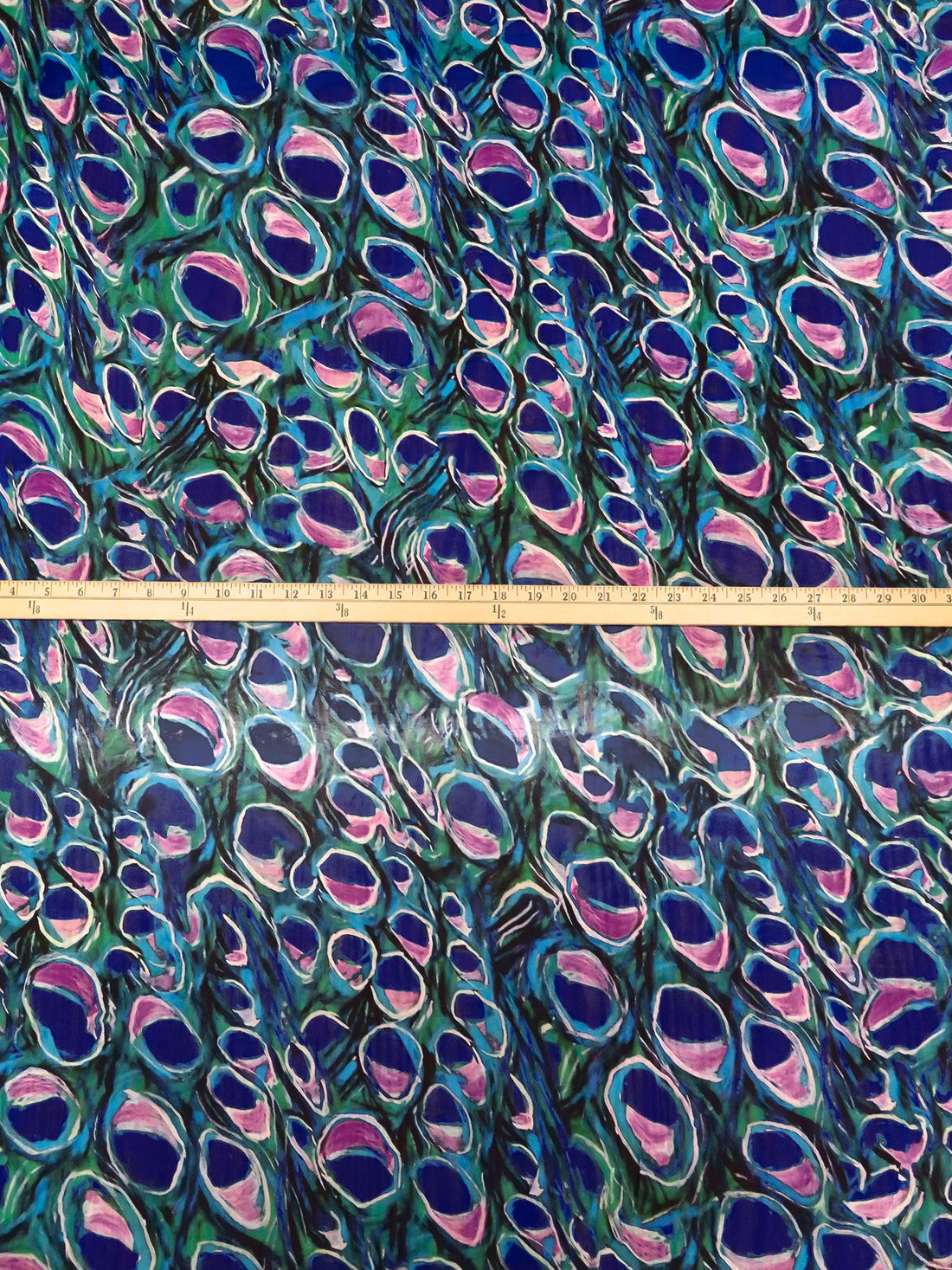 Dark Blue/Spanish Green/Boysenberry/Multi 100% Silk Abstract Peacock Feather Print Double Georgette - NY Designer - 54W