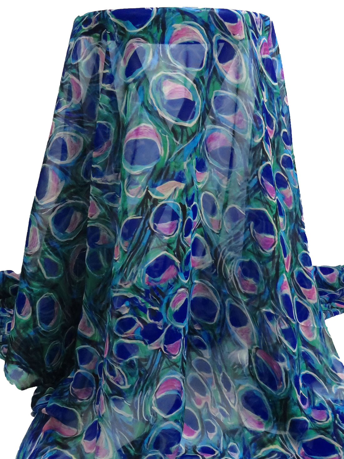 Dark Blue/Spanish Green/Boysenberry/Multi 100% Silk Abstract Peacock Feather Print Double Georgette - NY Designer - 54W