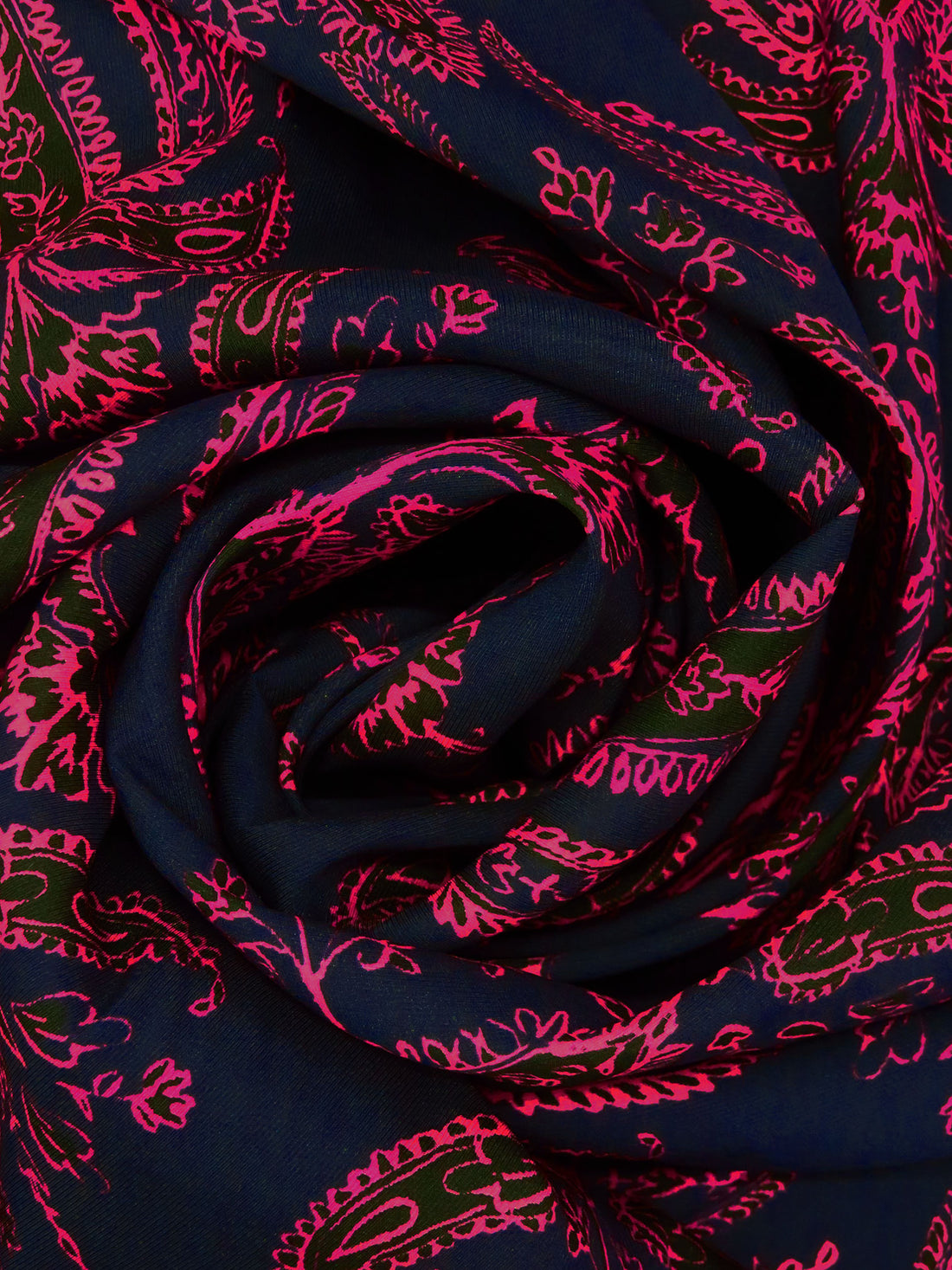 Midnight Navy/Black/Fuchsia Silk/Lycra Ornate Print Stretch Twill Blouse Weight Woven - NY Designer - 56W