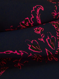Midnight Navy/Black/Fuchsia Silk/Lycra Ornate Print Stretch Twill Blouse Weight Woven - NY Designer - 56W
