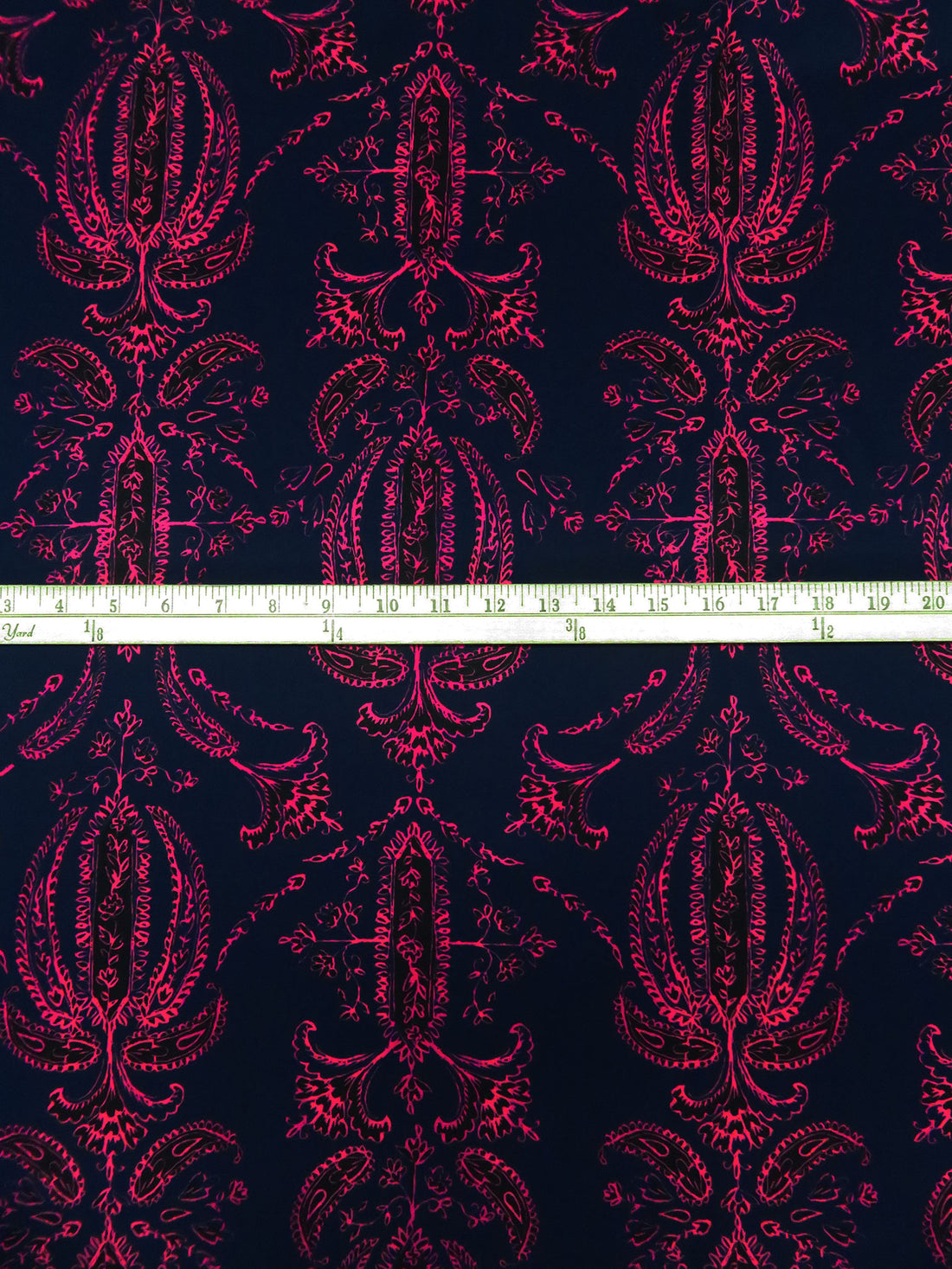 Midnight Navy/Black/Fuchsia Silk/Lycra Ornate Print Stretch Twill Blouse Weight Woven - NY Designer - 56W