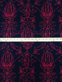 Midnight Navy/Black/Fuchsia Silk/Lycra Ornate Print Stretch Twill Blouse Weight Woven - NY Designer - 56W