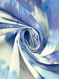 Cool Blue/Off-White 100% Polyester Large Blurred Floral Print Taffeta - Imported From Italy By NY Designer - 59W