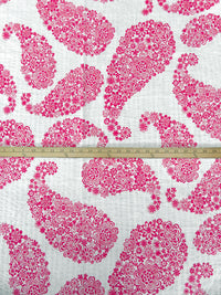White/Muted Raspberry 100% Cotton Paisley Shaped Floral Print on Stripe Weave Seersucker Voile - Tori Richard - 46W