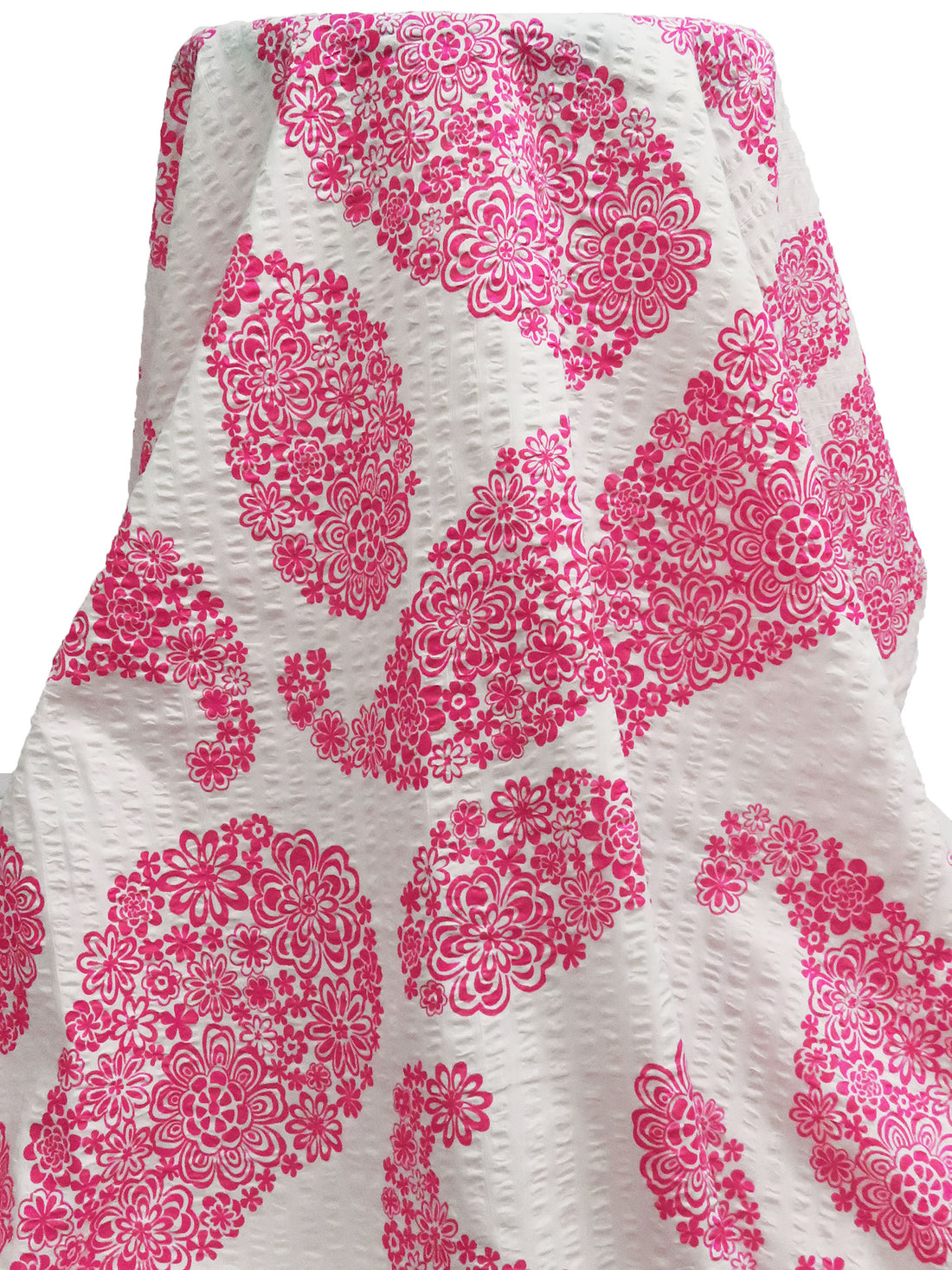 White/Muted Raspberry 100% Cotton Paisley Shaped Floral Print on Stripe Weave Seersucker Voile - Tori Richard - 46W