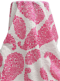White/Muted Raspberry 100% Cotton Paisley Shaped Floral Print on Stripe Weave Seersucker Voile - Tori Richard - 46W