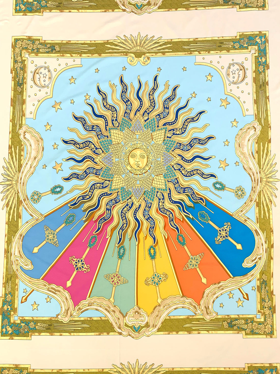 SOLD BY THE PANEL ONLY - Gold/Sapphire/Multi Polyester/Lycra Mystical Sun Frame Print Smooth Jersey Knit - NY Designer - 44W