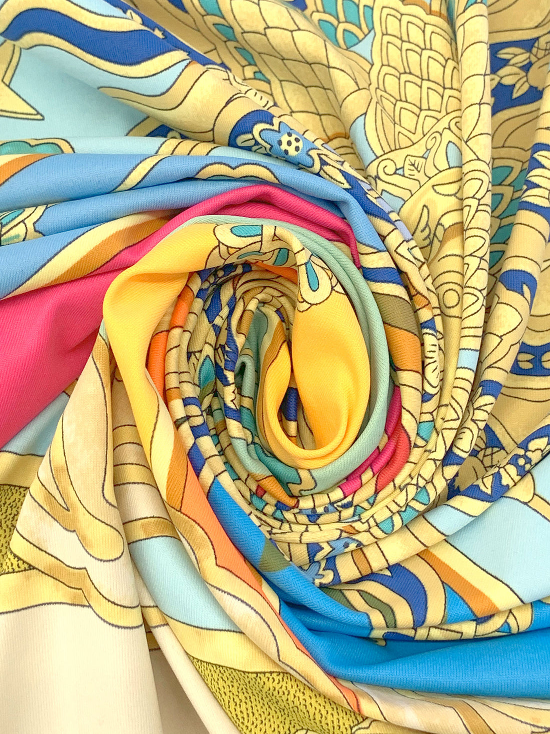 SOLD BY THE PANEL ONLY - Gold/Sapphire/Multi Polyester/Lycra Mystical Sun Frame Print Smooth Jersey Knit - NY Designer - 44W