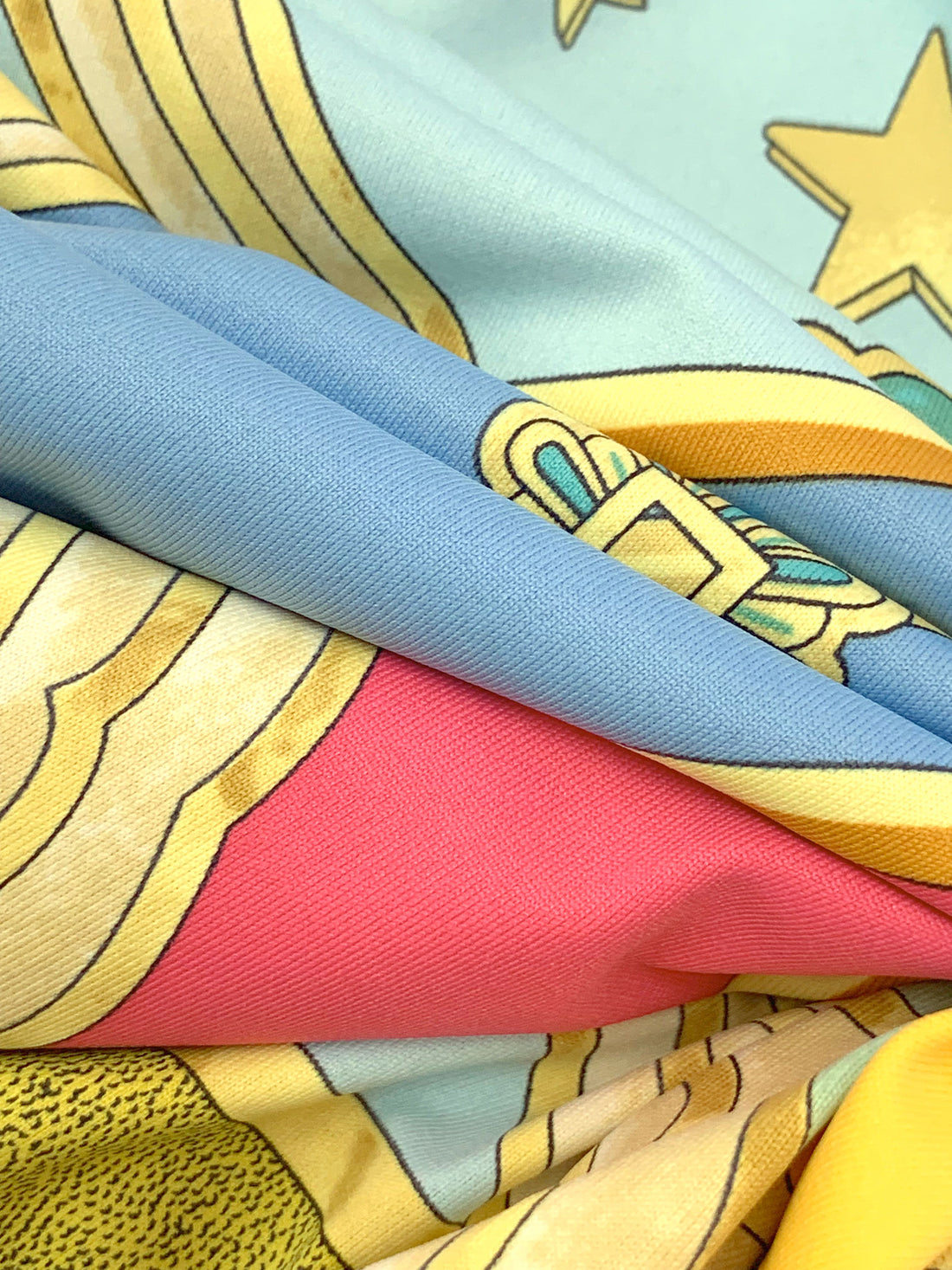 SOLD BY THE PANEL ONLY - Gold/Sapphire/Multi Polyester/Lycra Mystical Sun Frame Print Smooth Jersey Knit - NY Designer - 44W