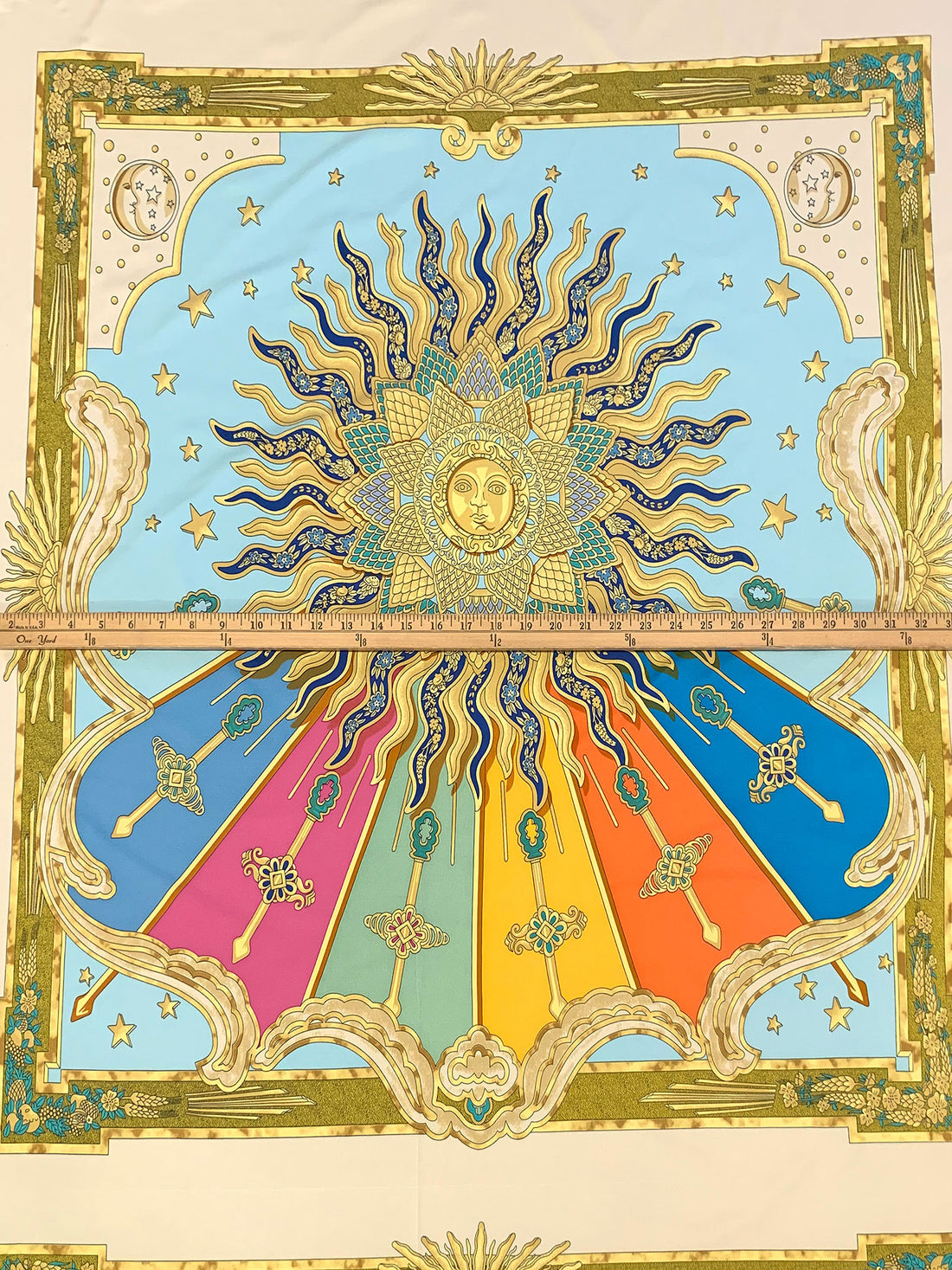 SOLD BY THE PANEL ONLY - Gold/Sapphire/Multi Polyester/Lycra Mystical Sun Frame Print Smooth Jersey Knit - NY Designer - 44W