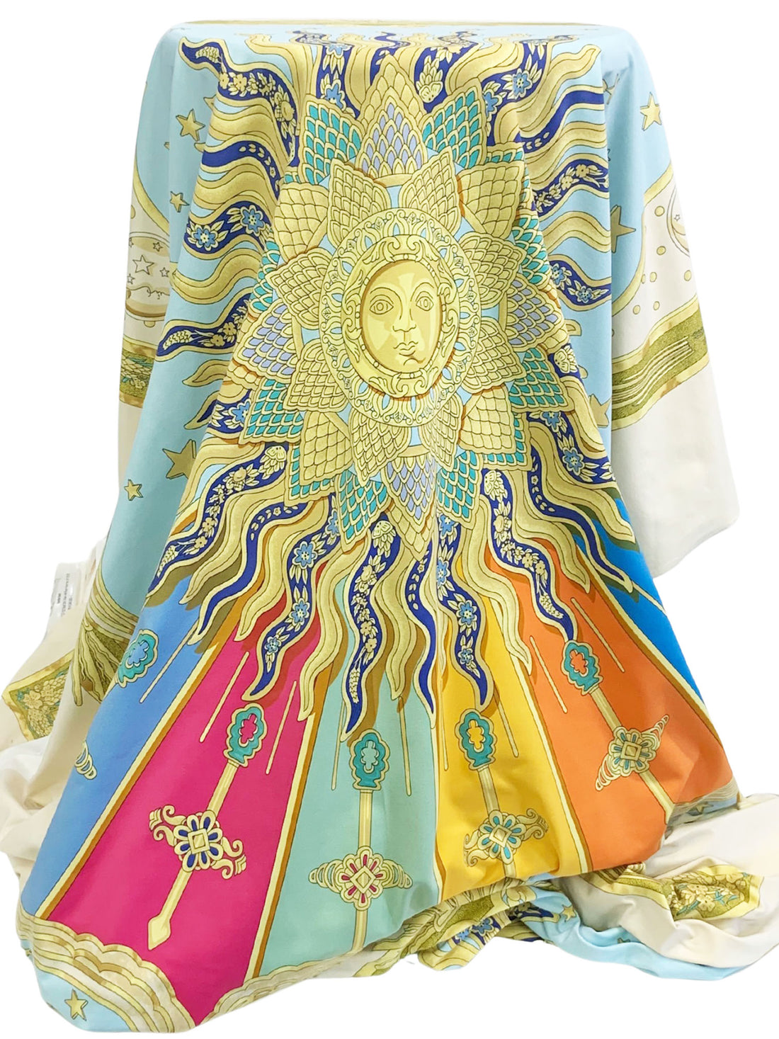 SOLD BY THE PANEL ONLY - Gold/Sapphire/Multi Polyester/Lycra Mystical Sun Frame Print Smooth Jersey Knit - NY Designer - 44W
