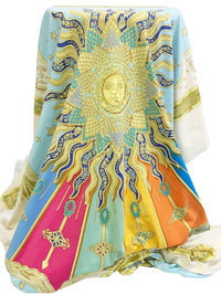 SOLD BY THE PANEL ONLY - Gold/Sapphire/Multi Polyester/Lycra Mystical Sun Frame Print Smooth Jersey Knit - NY Designer - 44W