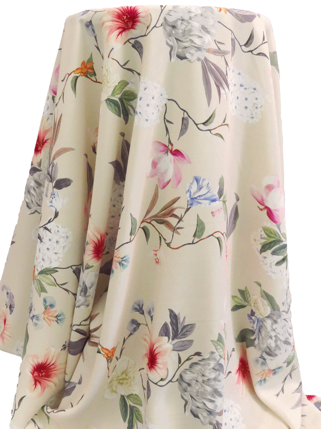 Champagne/Raspberry/Olivine/Multi 100% Polyester Large Mixed Floral Print Drapey Suiting 54W