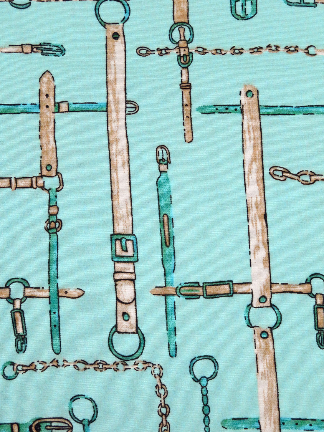 Pale Turquoise/White/Pale Brown/Multi Cotton/Lycra Belts Print Stretch Poplin Shirting - NY Designer - 52W