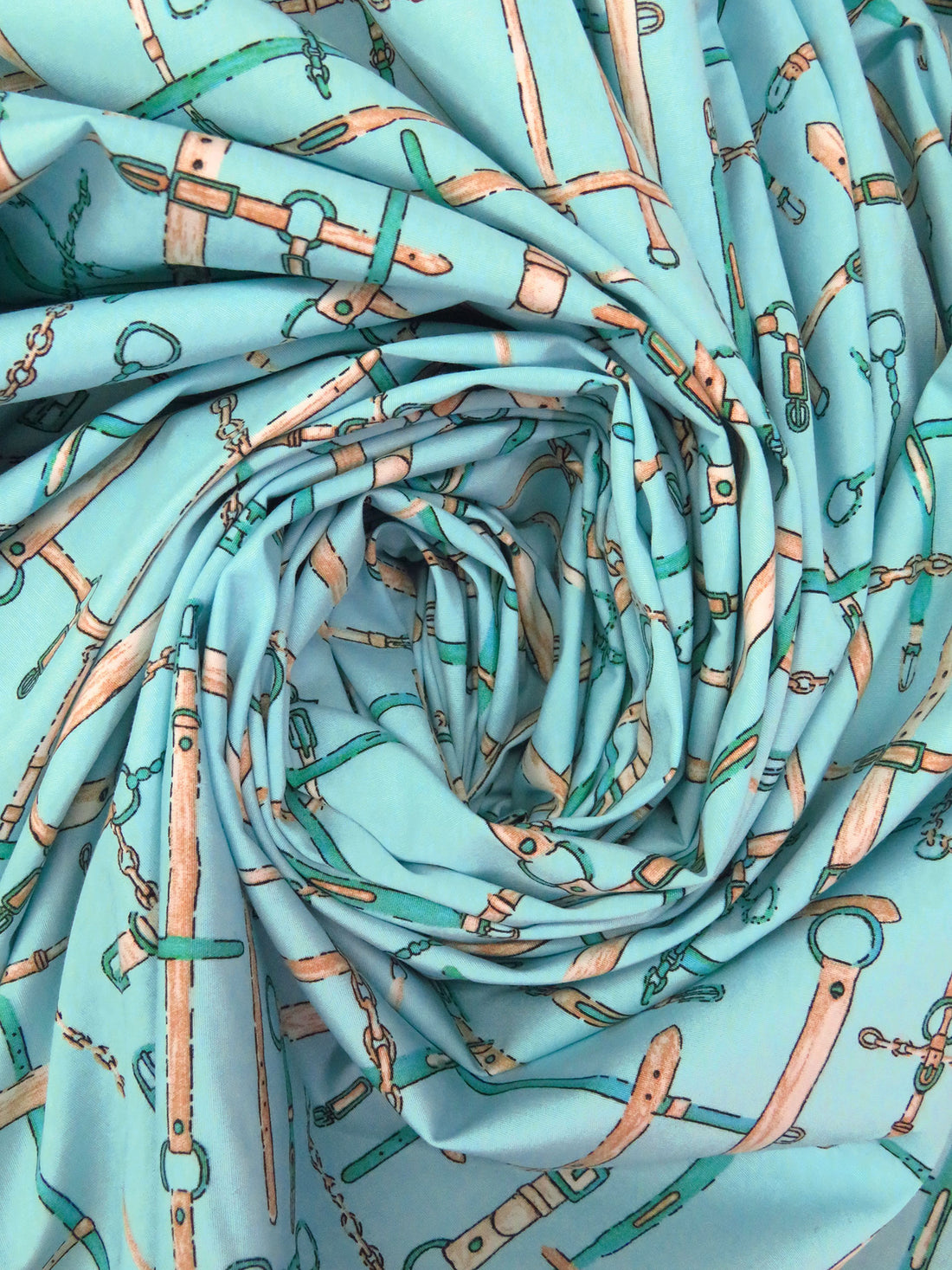 Pale Turquoise/White/Pale Brown/Multi Cotton/Lycra Belts Print Stretch Poplin Shirting - NY Designer - 52W