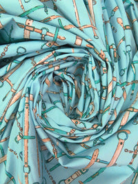 Pale Turquoise/White/Pale Brown/Multi Cotton/Lycra Belts Print Stretch Poplin Shirting - NY Designer - 52W