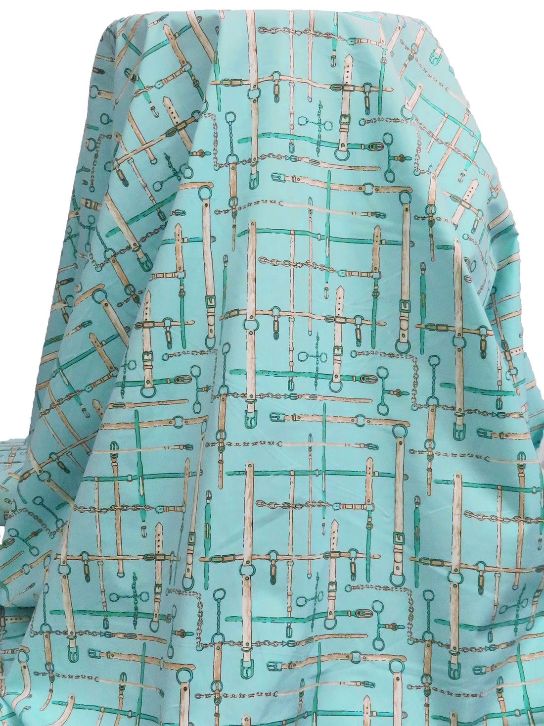 Pale Turquoise/White/Pale Brown/Multi Cotton/Lycra Belts Print Stretch Poplin Shirting - NY Designer - 52W