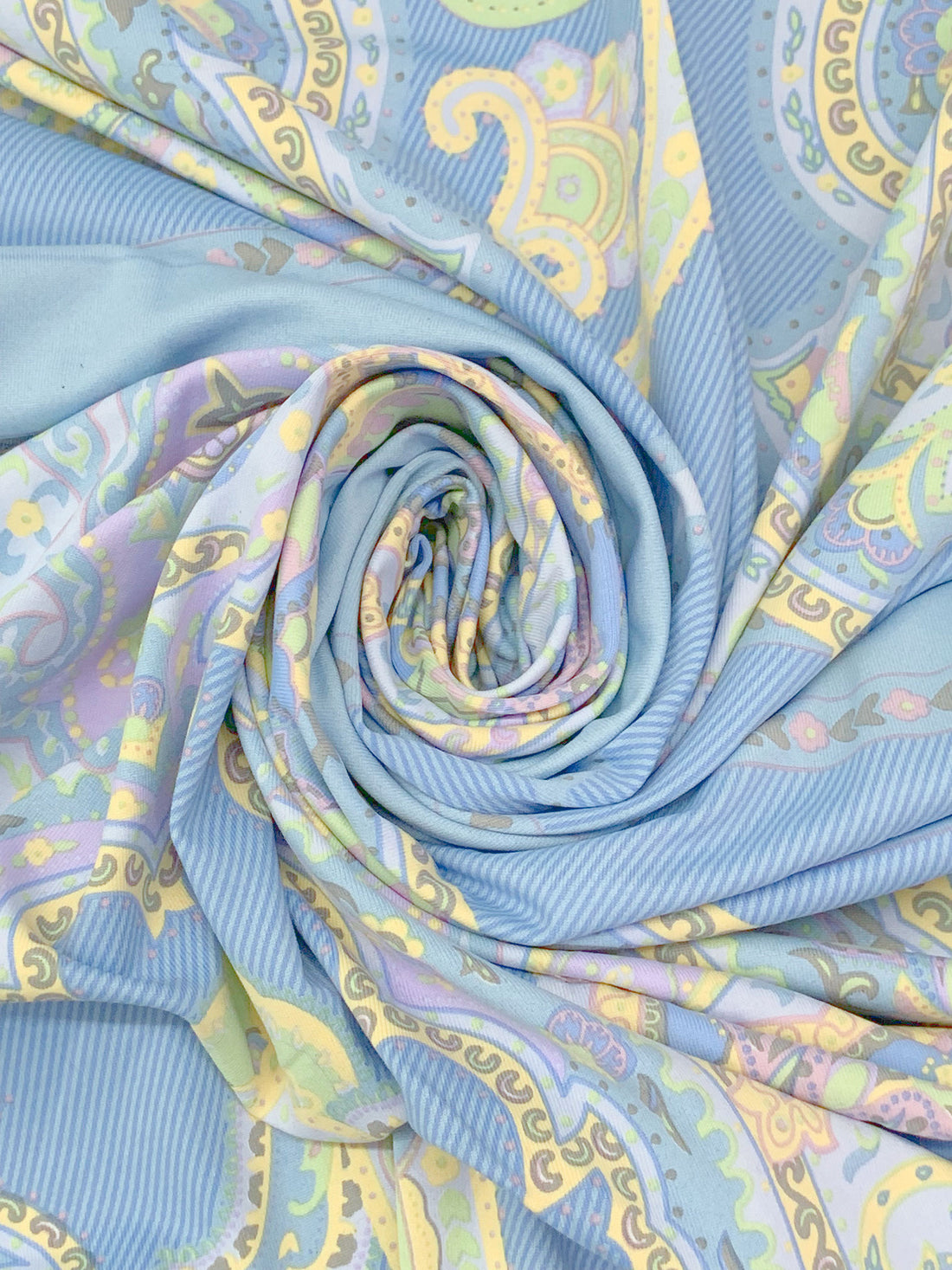 SOLD BY THE PANEL ONLY - Light Cobalt Blue/Custard Yellow/Multi Polyester/Lycra Ornate Royal Paisley Frame Print Smooth Jersey Knit - NY Designer - 44W