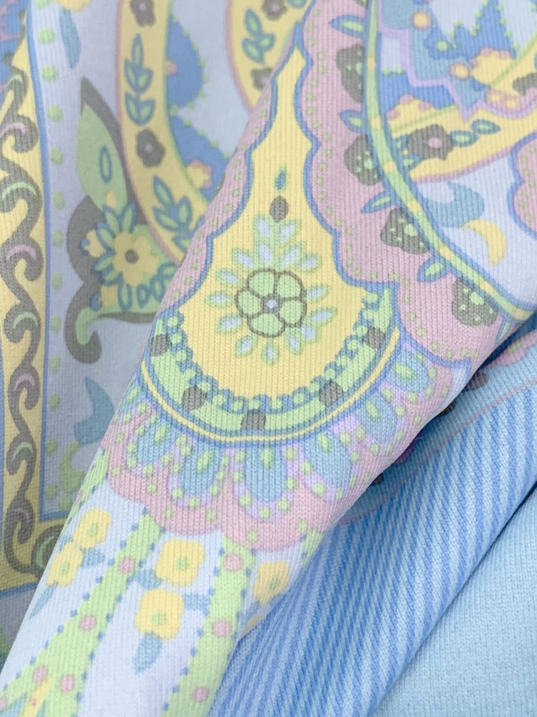 SOLD BY THE PANEL ONLY - Light Cobalt Blue/Custard Yellow/Multi Polyester/Lycra Ornate Royal Paisley Frame Print Smooth Jersey Knit - NY Designer - 44W