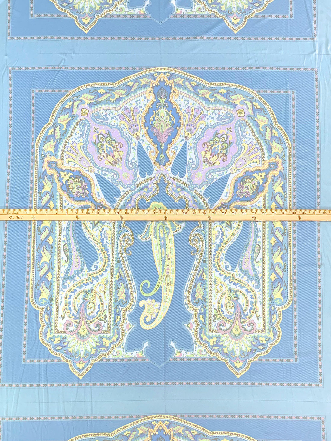 SOLD BY THE PANEL ONLY - Light Cobalt Blue/Custard Yellow/Multi Polyester/Lycra Ornate Royal Paisley Frame Print Smooth Jersey Knit - NY Designer - 44W