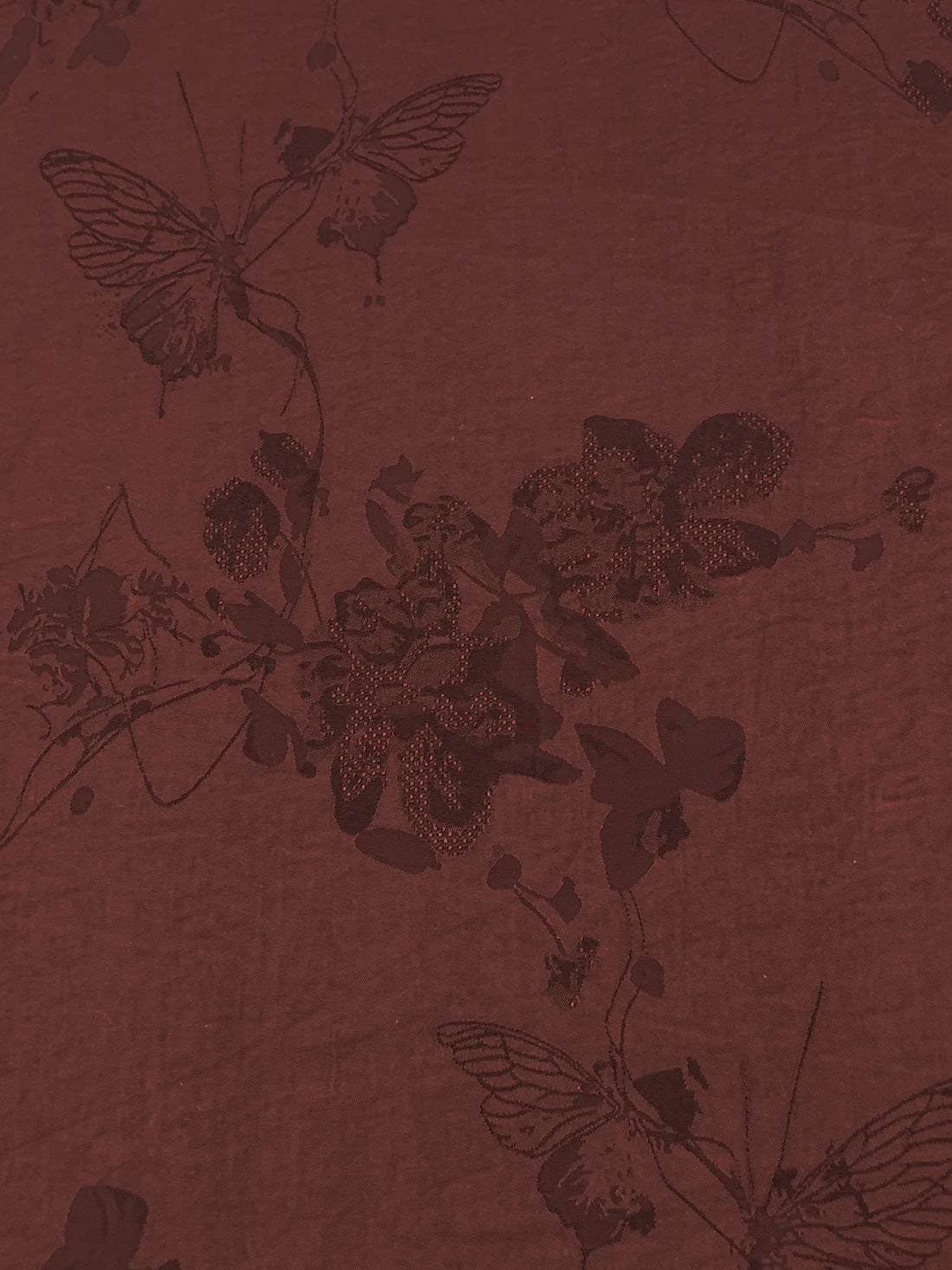 Rusted Crimson 100% Polyester Butterfly Floral Weave Drapey Satin Jacquard - NY Designer - 59W